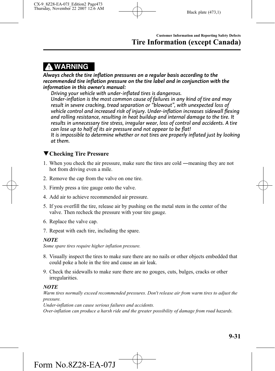 Tire information (except canada), Warning | Mazda 2008 CX-9 User Manual | Page 473 / 506