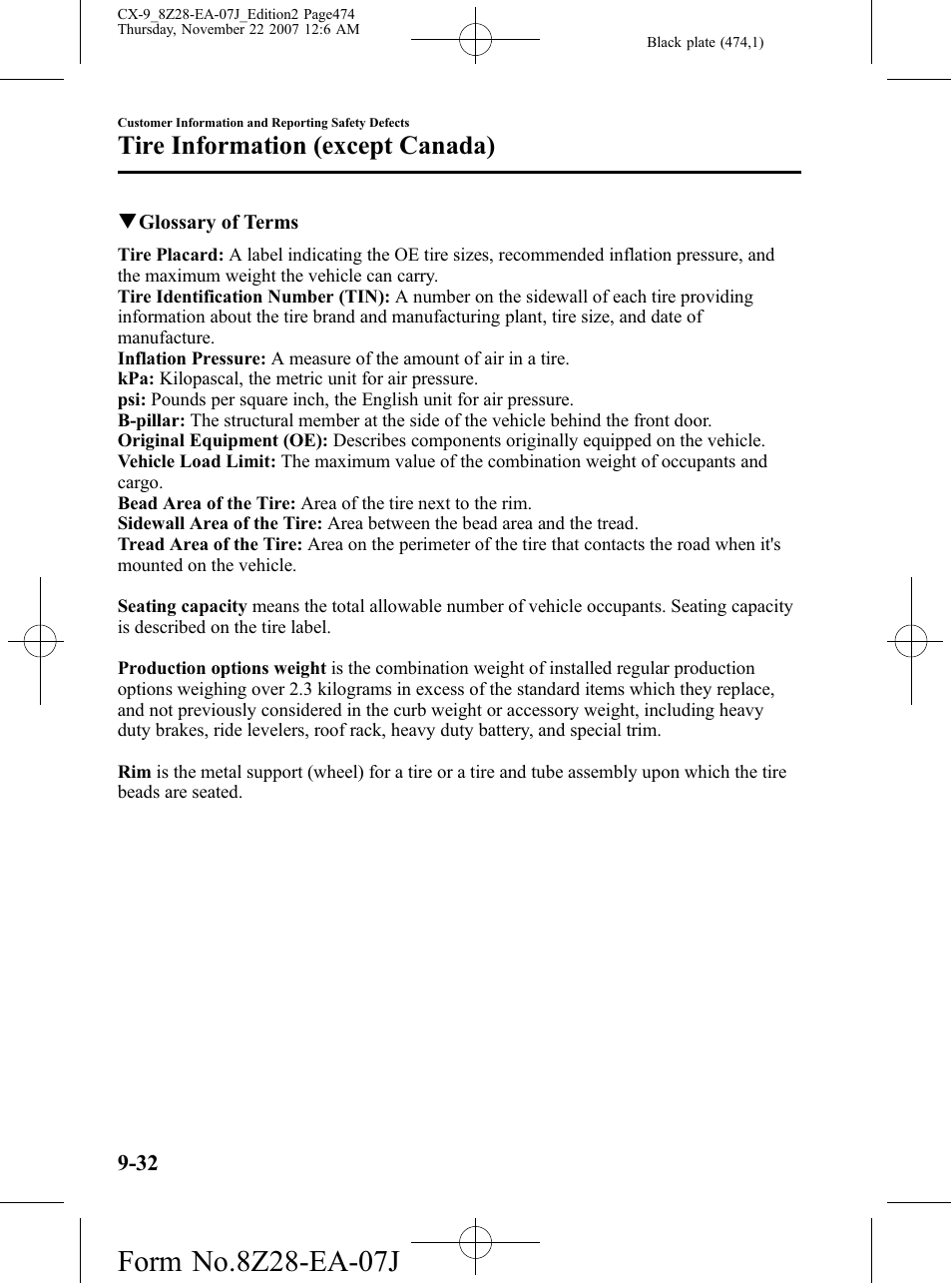 Tire information (except canada) | Mazda 2008 CX-9 User Manual | Page 474 / 506