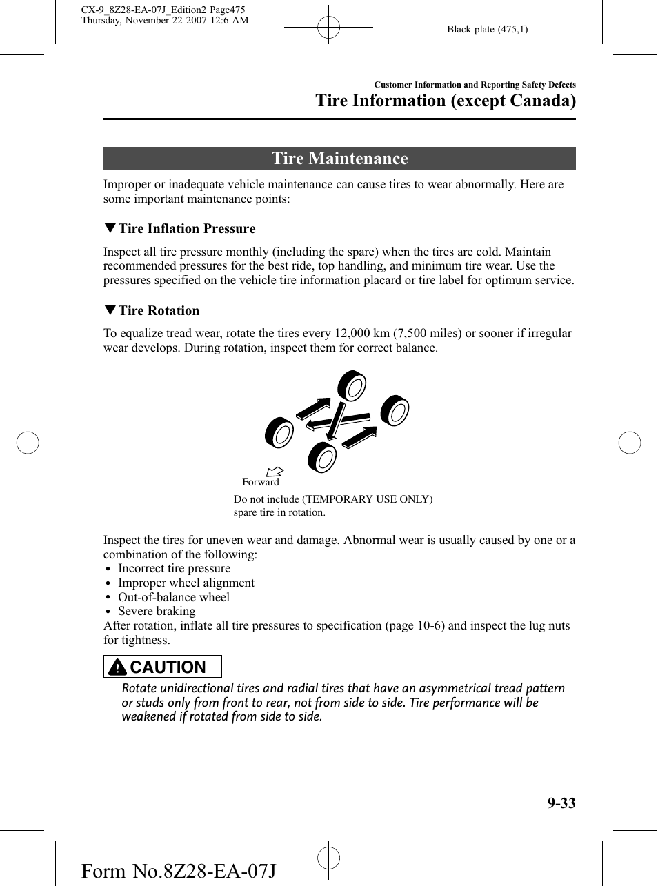 Tire maintenance, Tire maintenance -33, Tire information (except canada) | Caution | Mazda 2008 CX-9 User Manual | Page 475 / 506