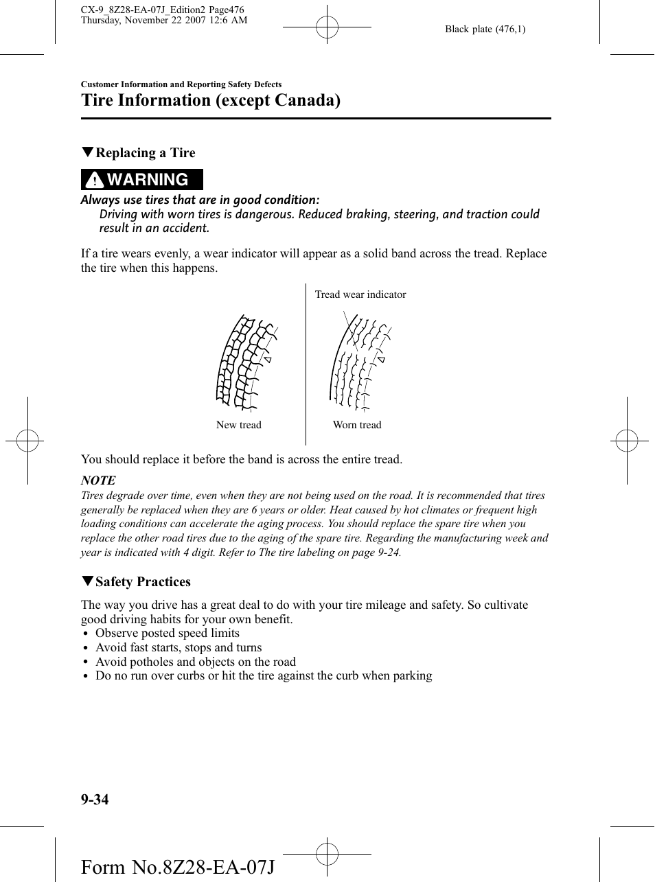 Tire information (except canada), Warning | Mazda 2008 CX-9 User Manual | Page 476 / 506