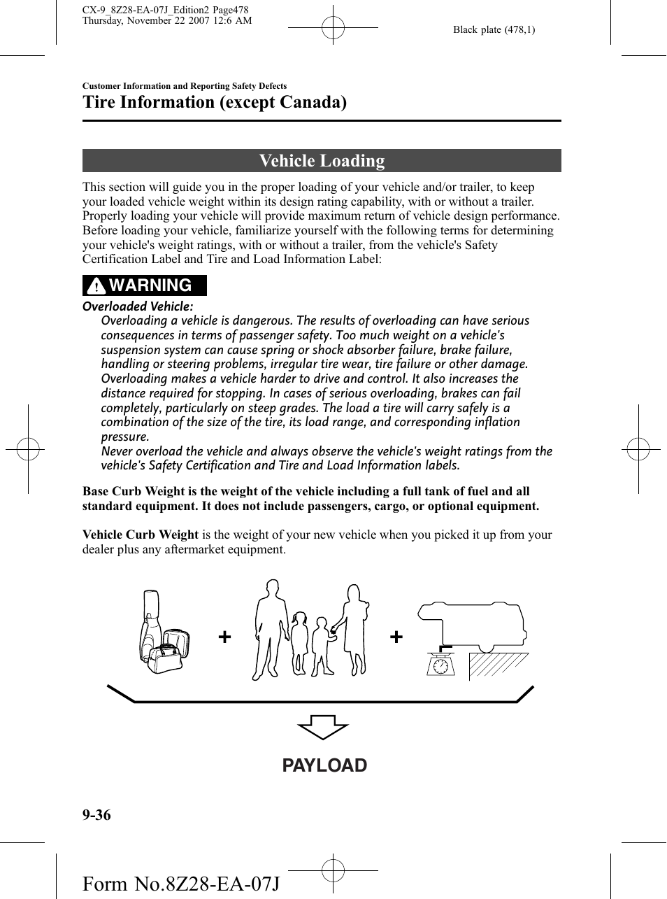 Vehicle loading, Vehicle loading -36, Payload | Tire information (except canada), Warning | Mazda 2008 CX-9 User Manual | Page 478 / 506