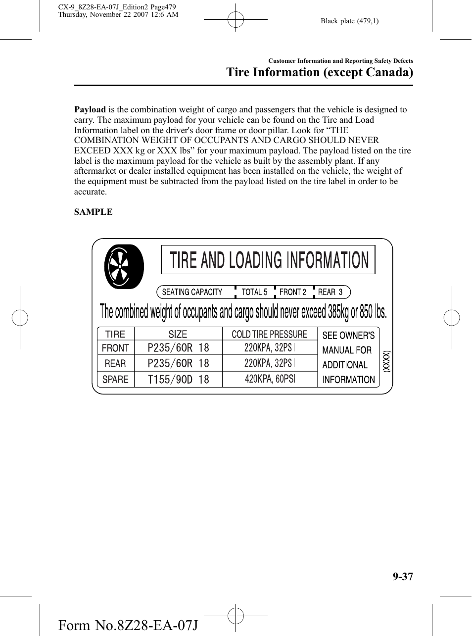 Tire information (except canada) | Mazda 2008 CX-9 User Manual | Page 479 / 506
