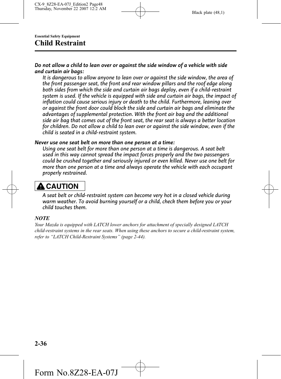 Child restraint, Caution | Mazda 2008 CX-9 User Manual | Page 48 / 506