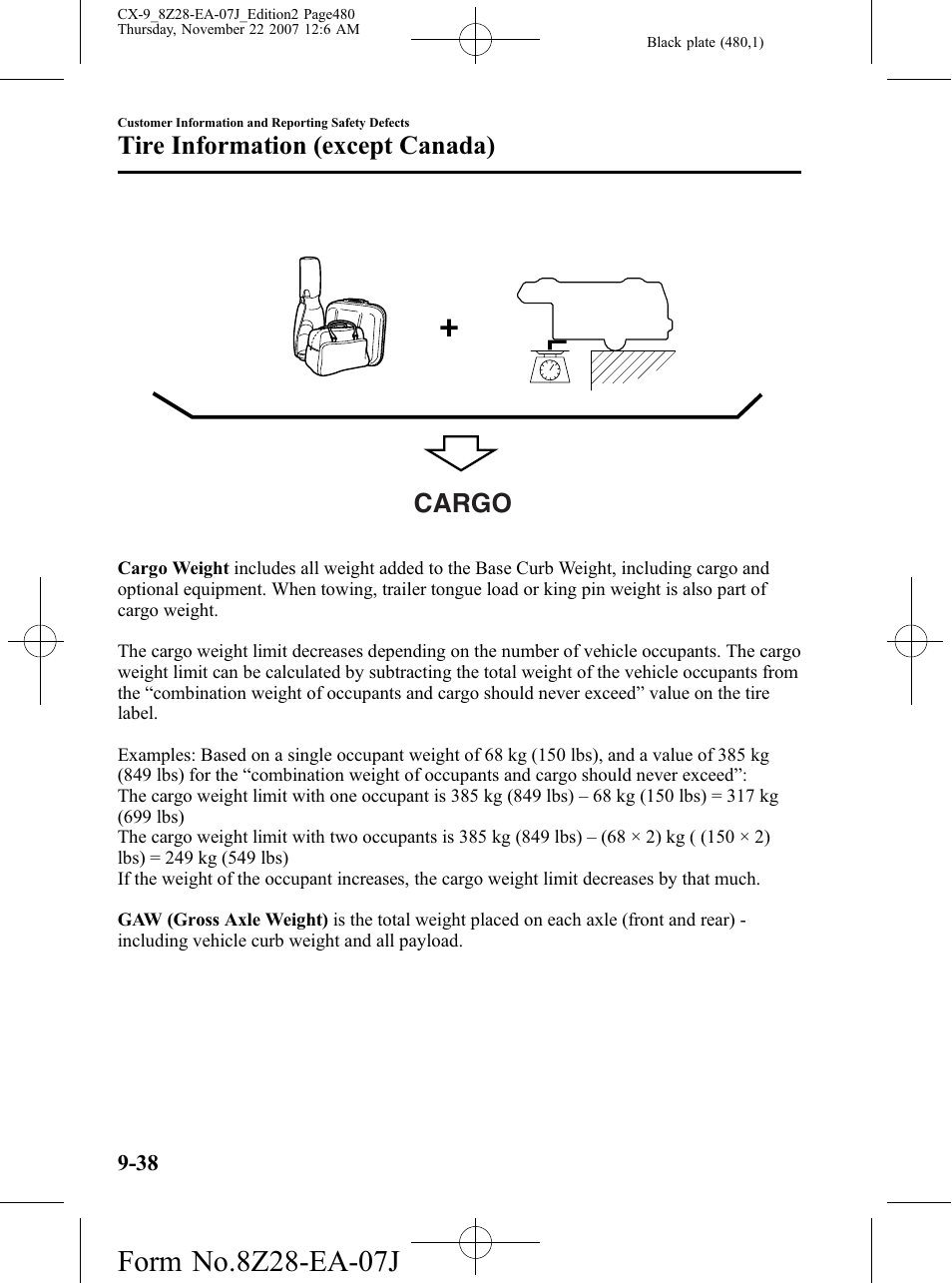Cargo, Tire information (except canada) | Mazda 2008 CX-9 User Manual | Page 480 / 506