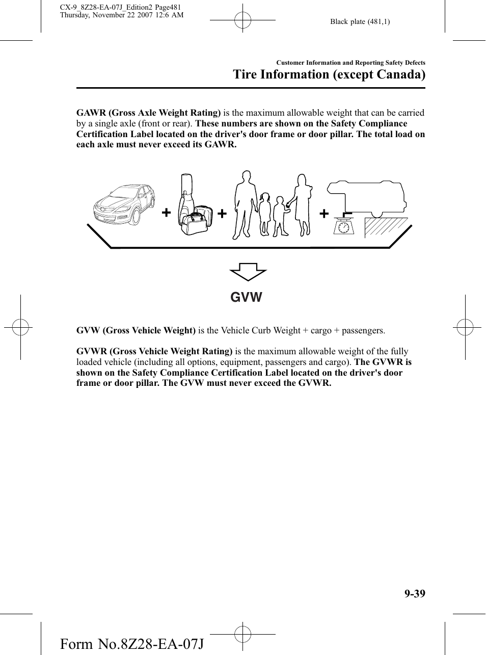 Tire information (except canada) | Mazda 2008 CX-9 User Manual | Page 481 / 506