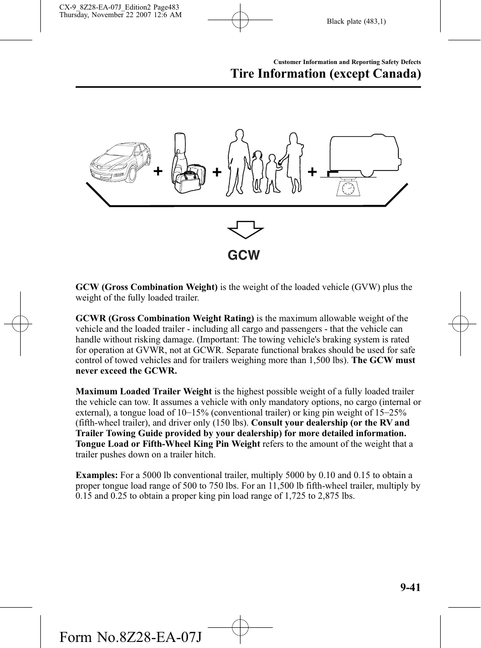 Tire information (except canada) | Mazda 2008 CX-9 User Manual | Page 483 / 506