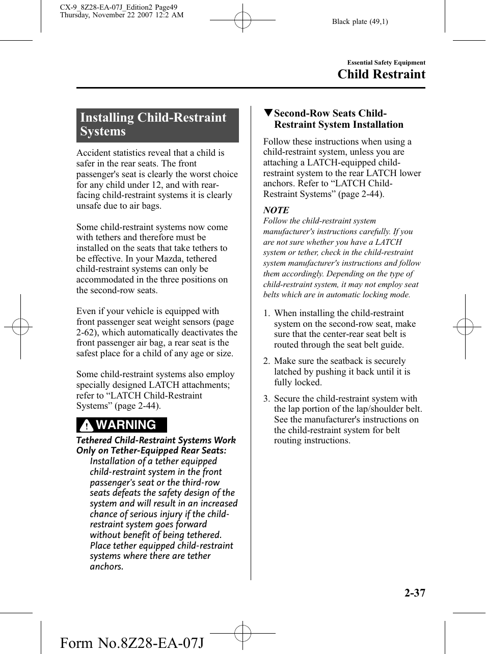 Installing child-restraint systems, Installing child-restraint systems -37, Child restraint | Warning | Mazda 2008 CX-9 User Manual | Page 49 / 506