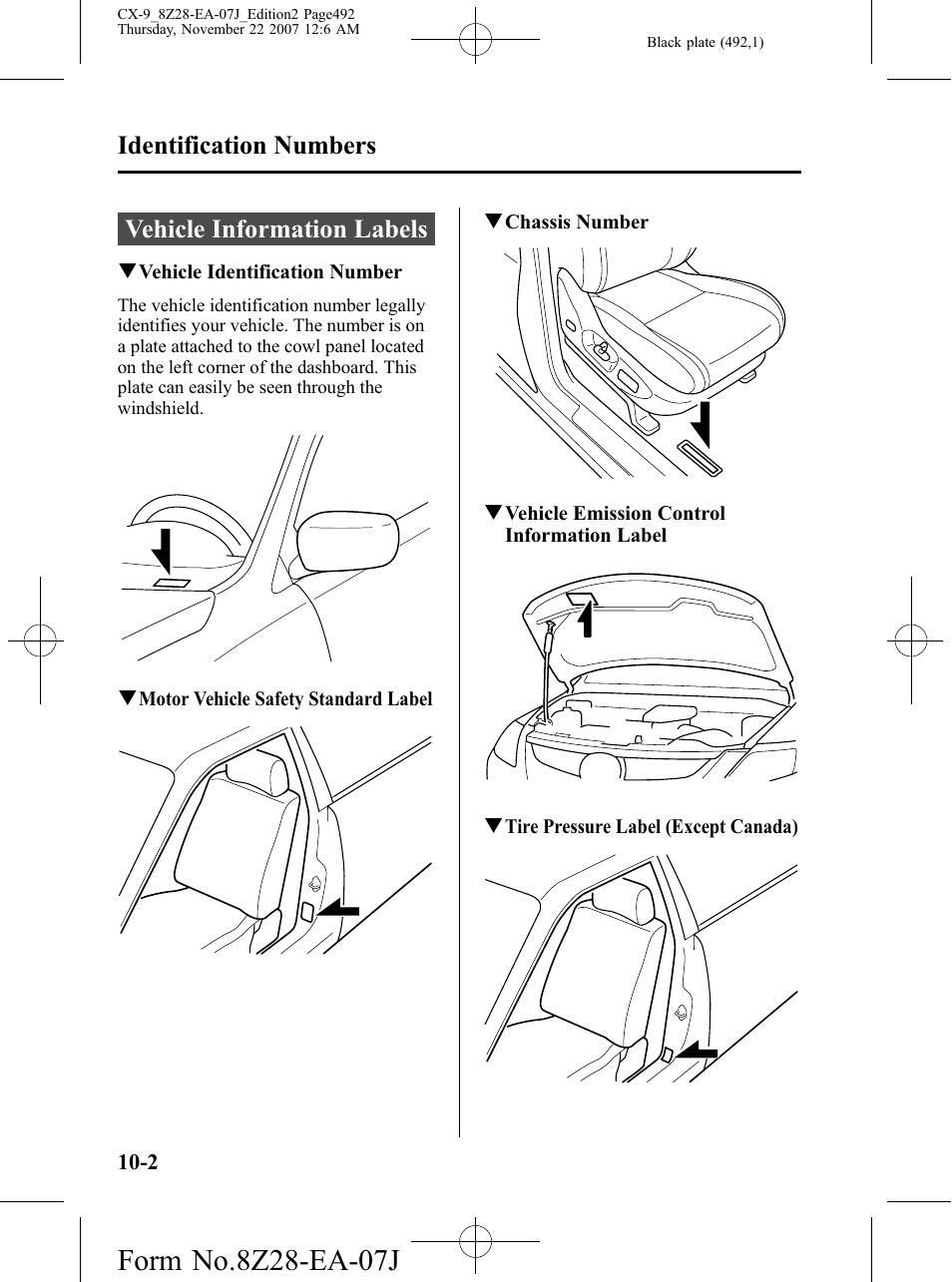 Identification numbers, Vehicle information labels, Identification numbers -2 | Vehicle information labels -2 | Mazda 2008 CX-9 User Manual | Page 492 / 506