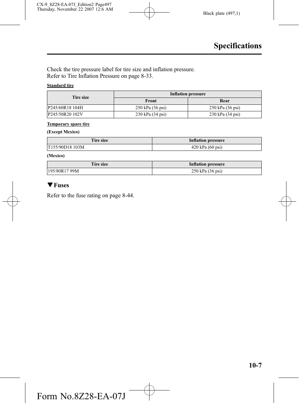 Specifications, Qfuses | Mazda 2008 CX-9 User Manual | Page 497 / 506