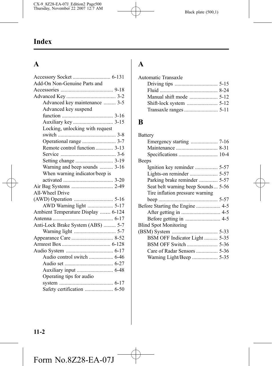 Index | Mazda 2008 CX-9 User Manual | Page 500 / 506