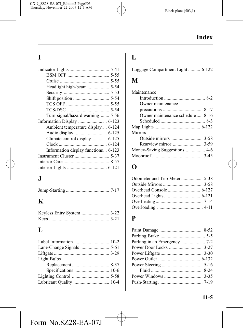 Index | Mazda 2008 CX-9 User Manual | Page 503 / 506