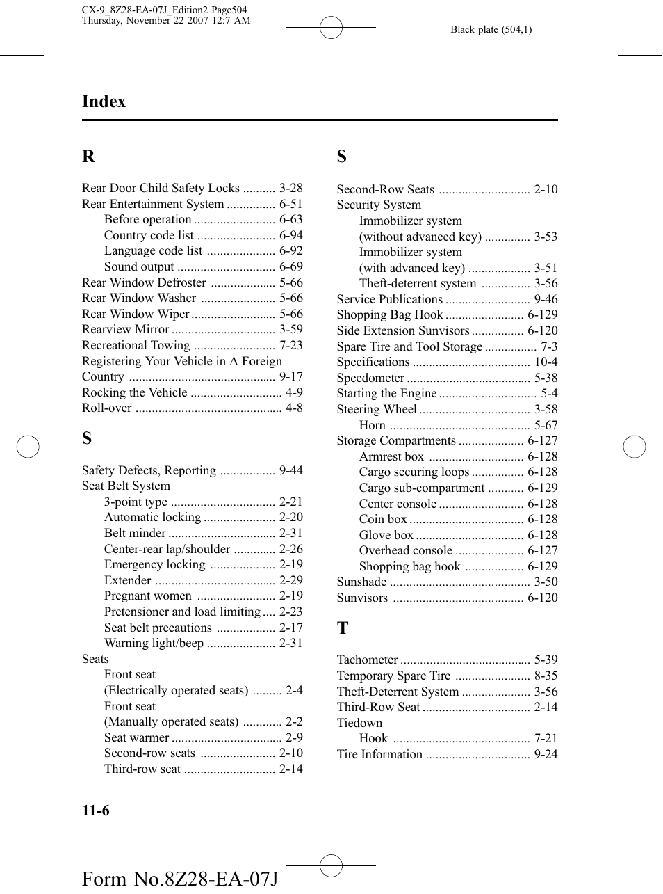 Index | Mazda 2008 CX-9 User Manual | Page 504 / 506
