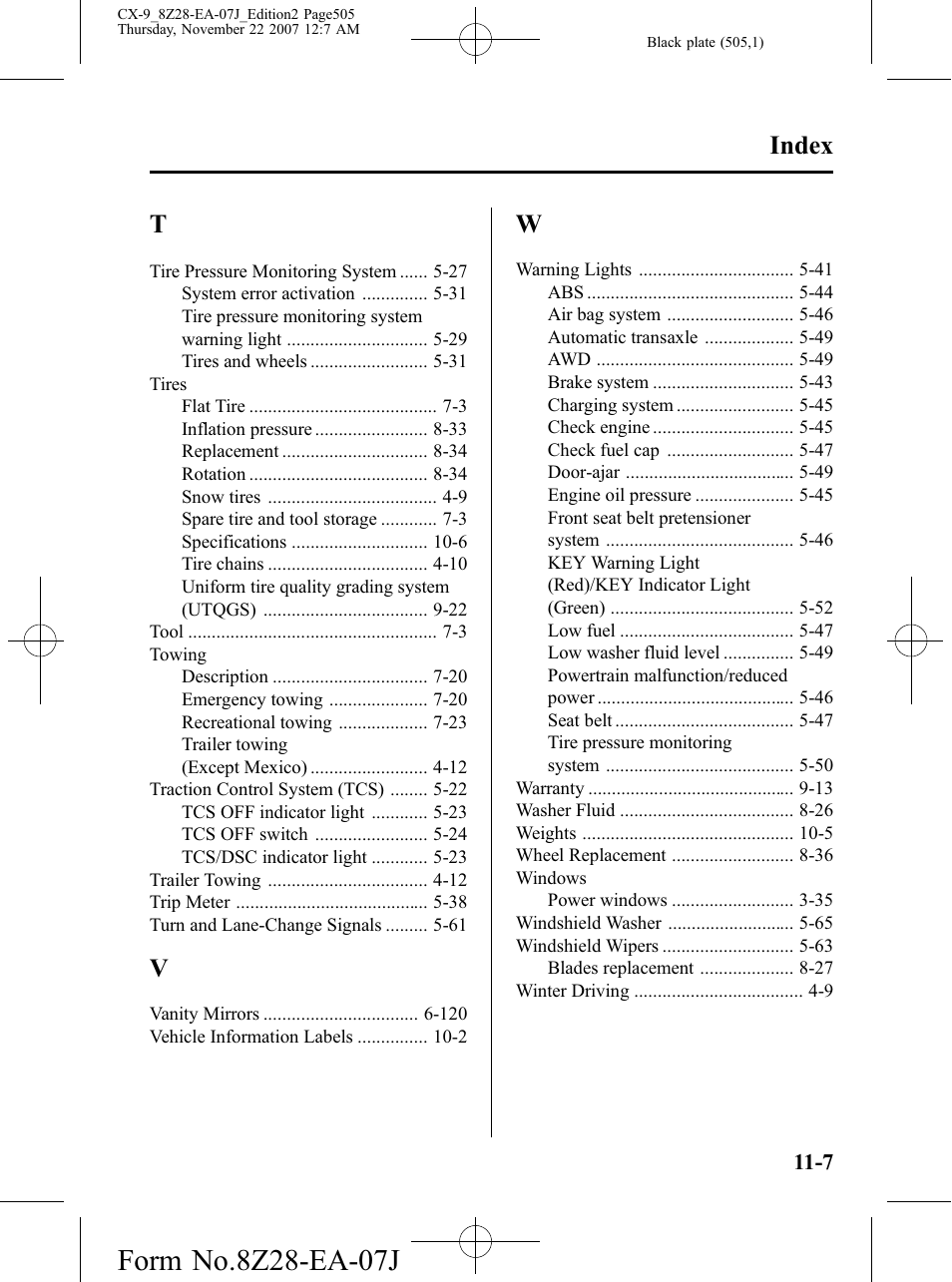 Index | Mazda 2008 CX-9 User Manual | Page 505 / 506
