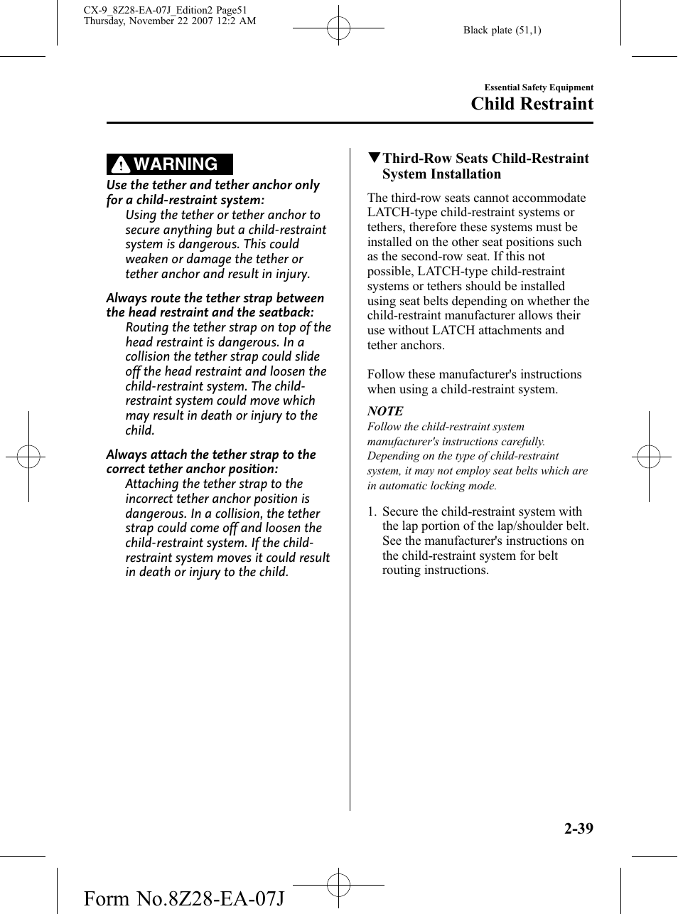 Child restraint, Warning | Mazda 2008 CX-9 User Manual | Page 51 / 506