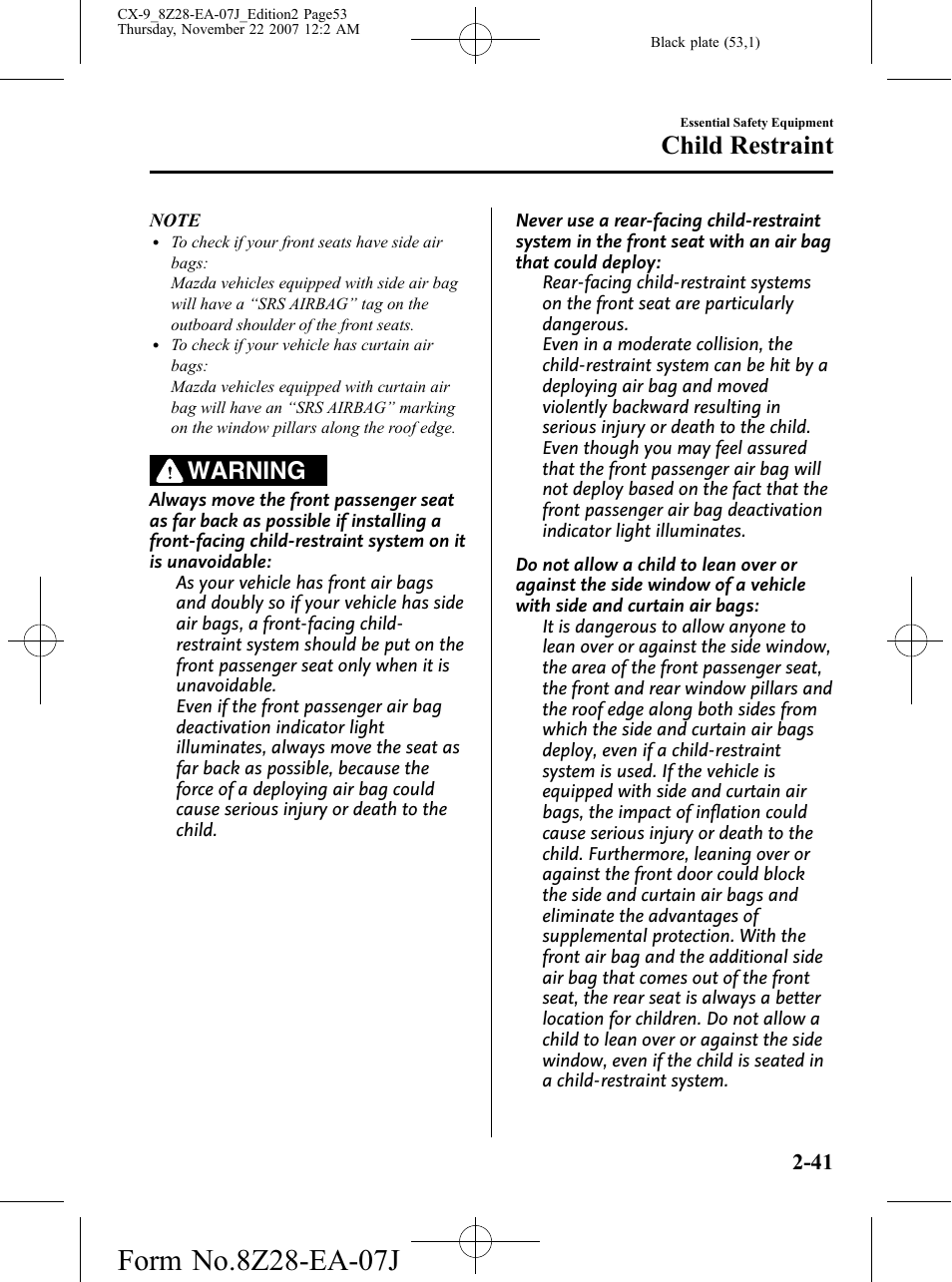 Child restraint, Warning | Mazda 2008 CX-9 User Manual | Page 53 / 506