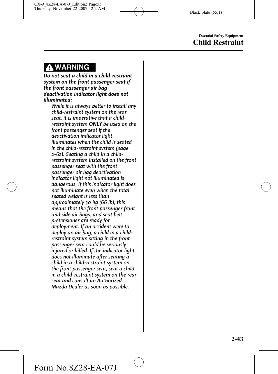 Child restraint, Warning | Mazda 2008 CX-9 User Manual | Page 55 / 506