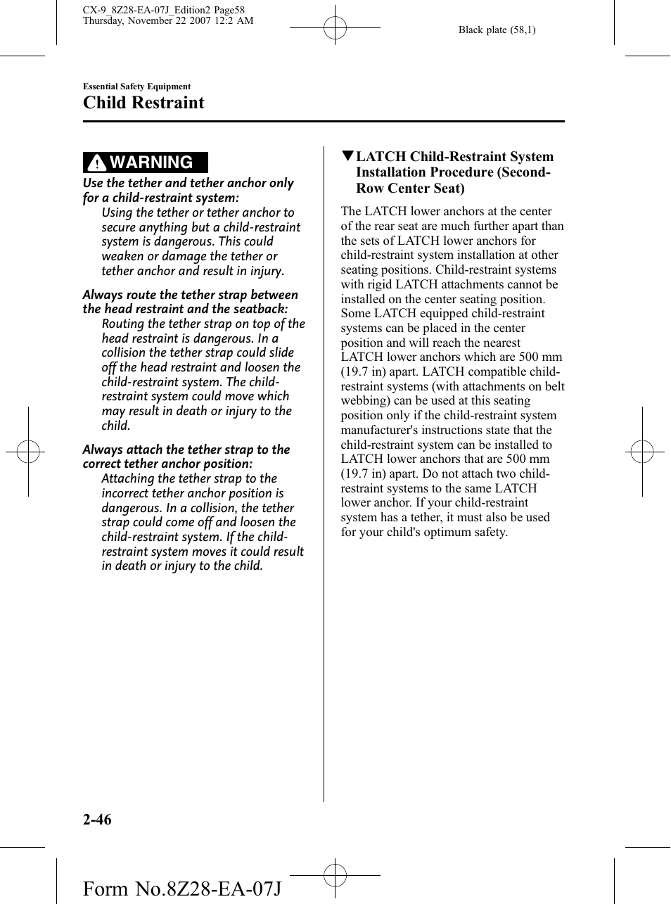 Child restraint, Warning | Mazda 2008 CX-9 User Manual | Page 58 / 506