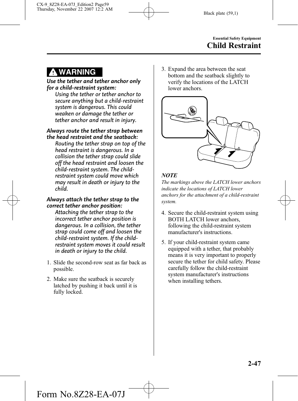 Child restraint, Warning | Mazda 2008 CX-9 User Manual | Page 59 / 506