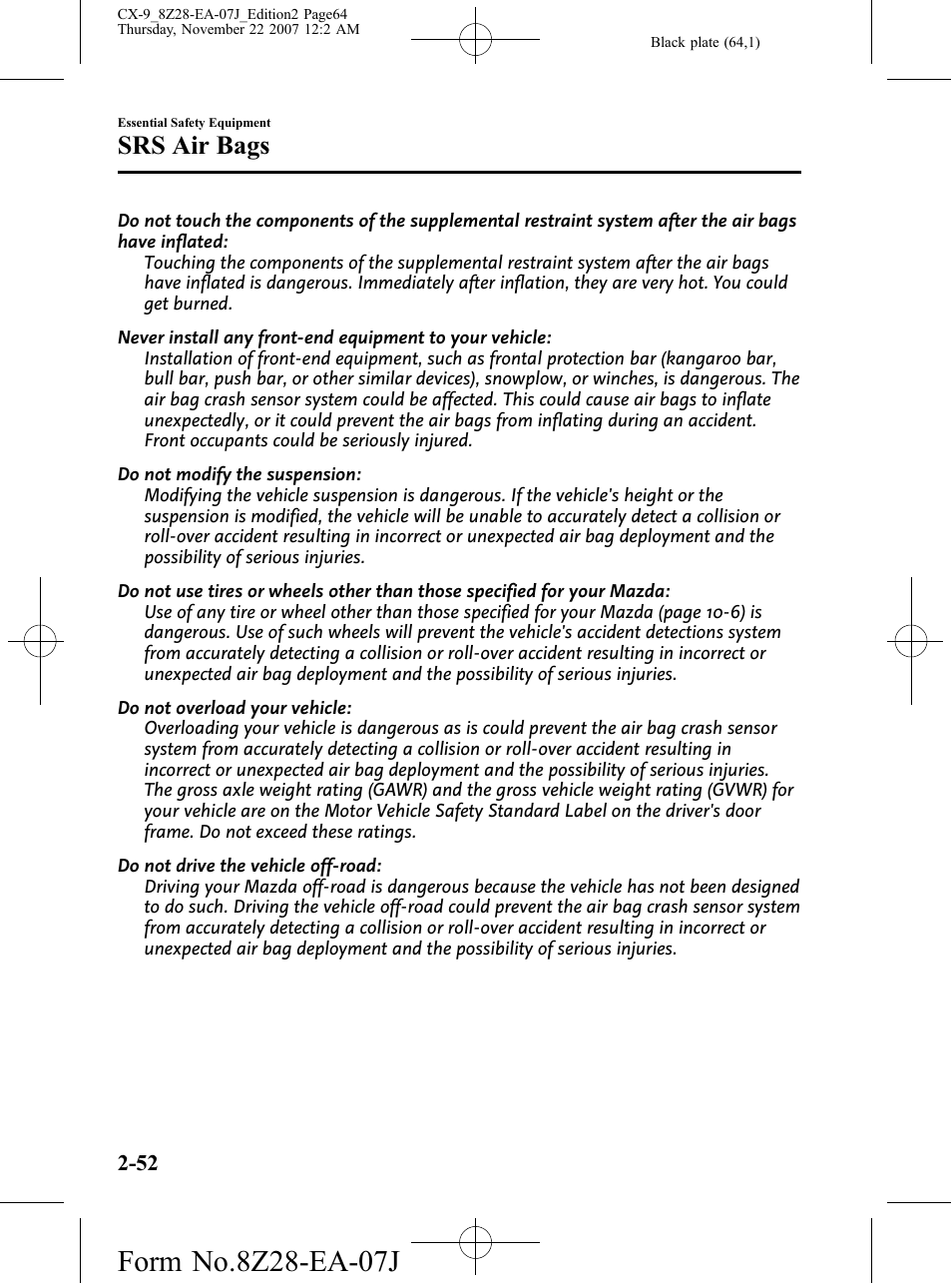 Srs air bags | Mazda 2008 CX-9 User Manual | Page 64 / 506