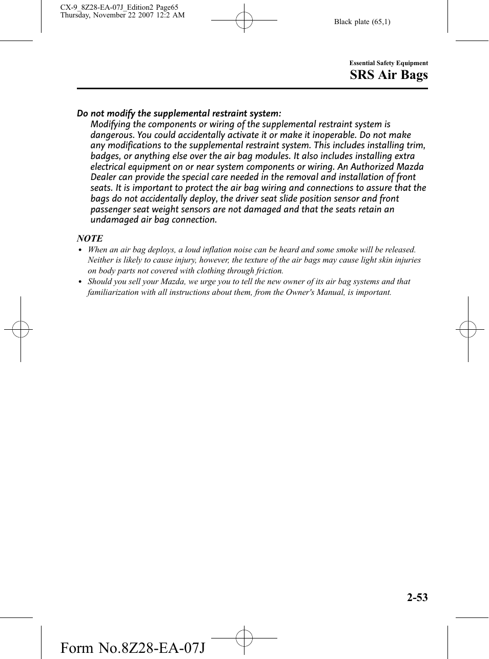 Srs air bags | Mazda 2008 CX-9 User Manual | Page 65 / 506