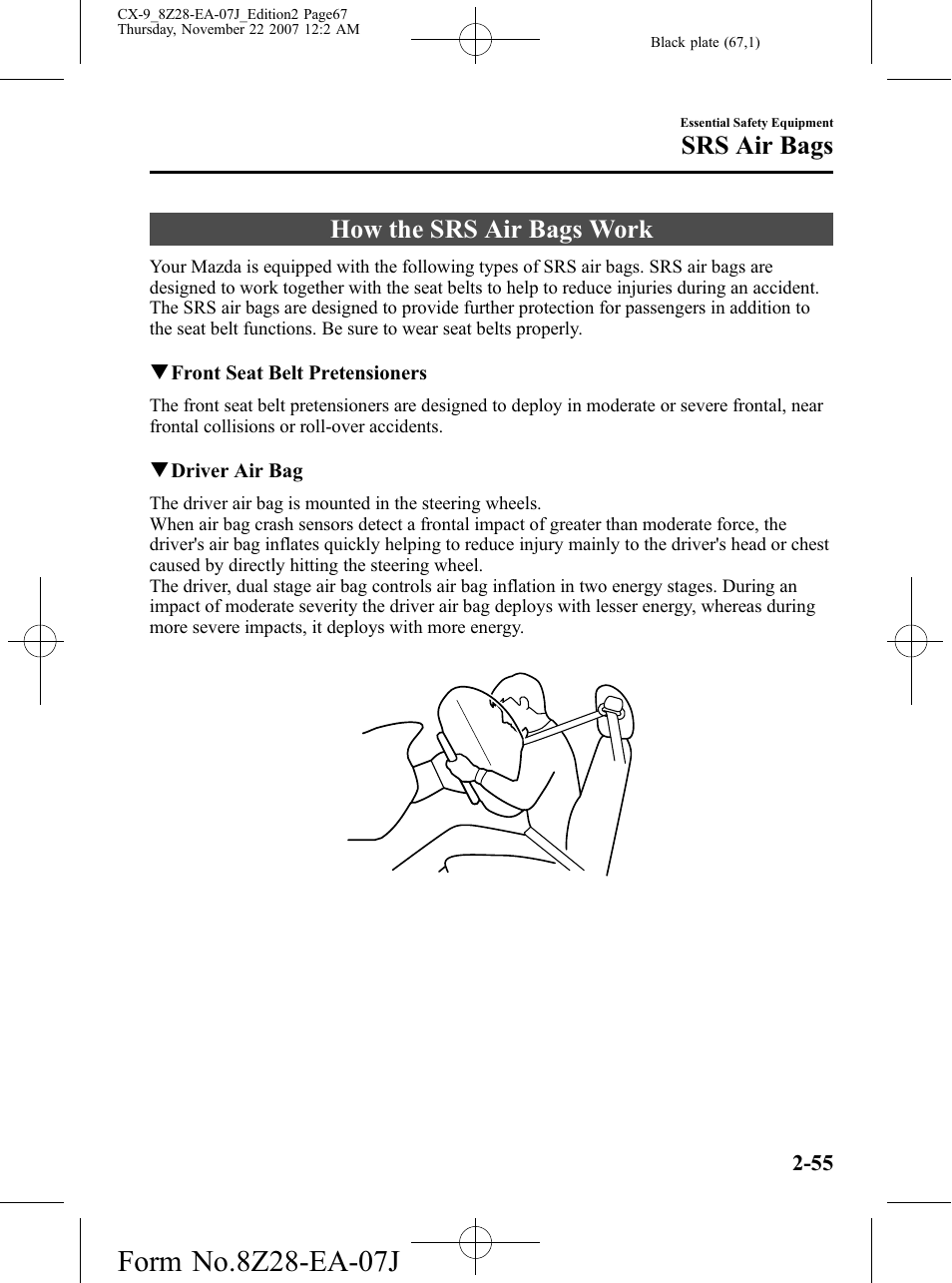 How the srs air bags work, How the srs air bags work -55, Srs air bags | Mazda 2008 CX-9 User Manual | Page 67 / 506