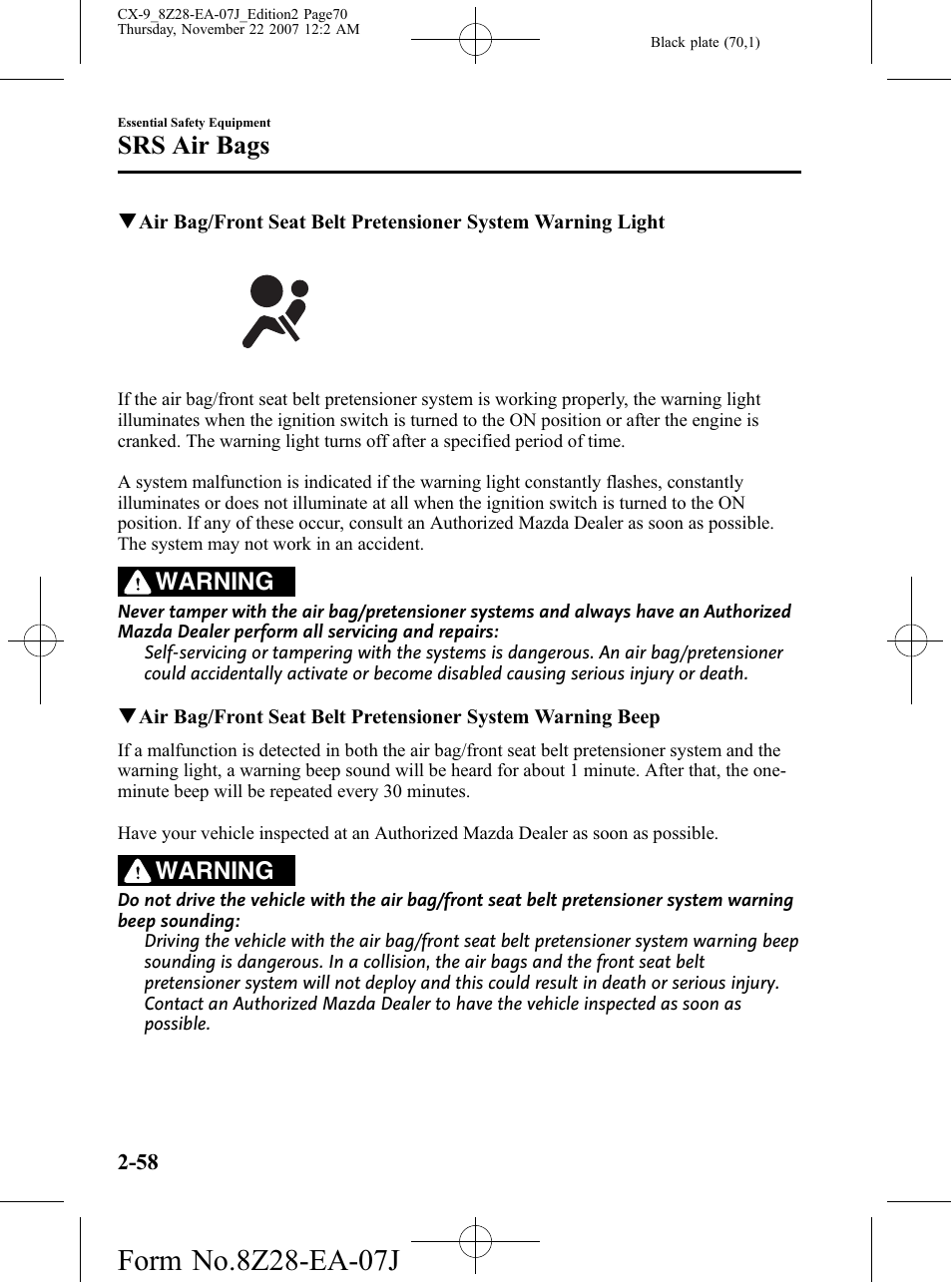 Srs air bags, Warning | Mazda 2008 CX-9 User Manual | Page 70 / 506