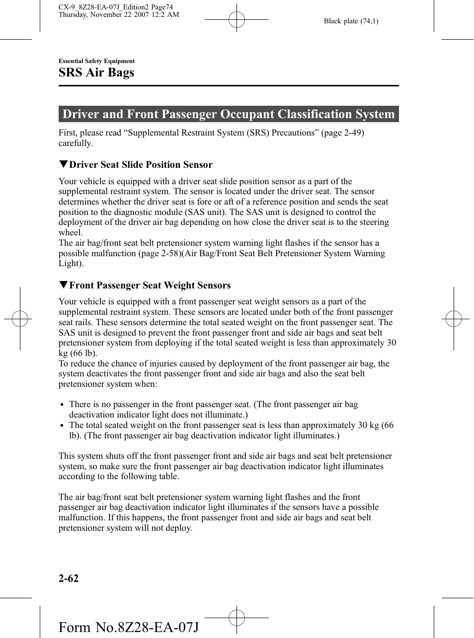 Srs air bags | Mazda 2008 CX-9 User Manual | Page 74 / 506