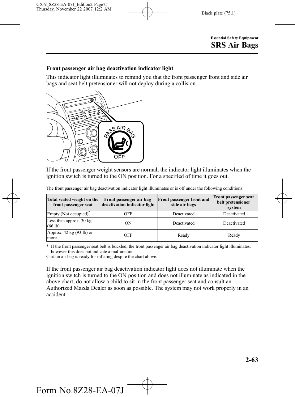 Srs air bags | Mazda 2008 CX-9 User Manual | Page 75 / 506
