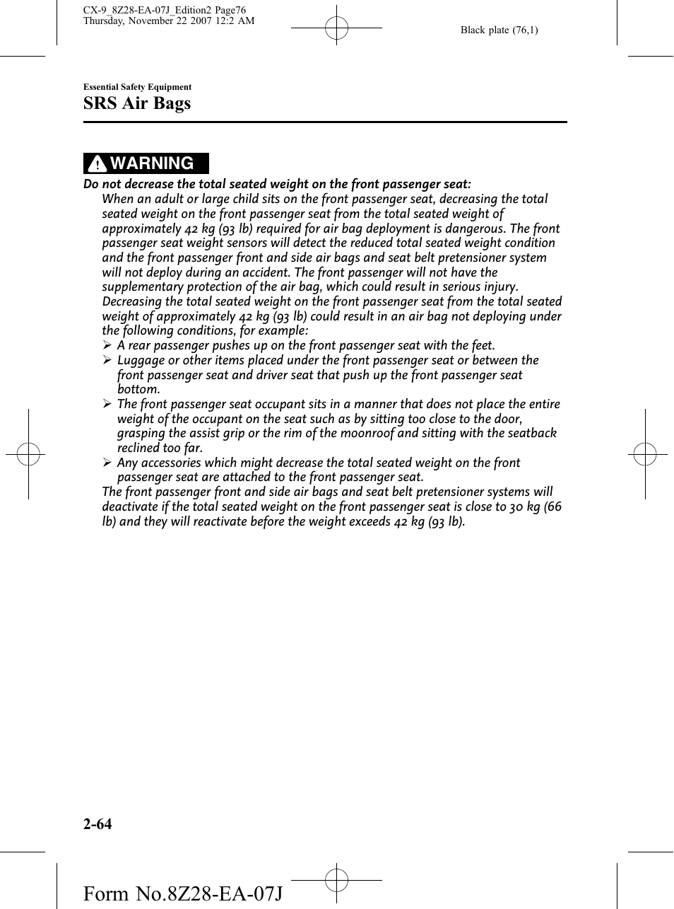 Srs air bags, Warning | Mazda 2008 CX-9 User Manual | Page 76 / 506
