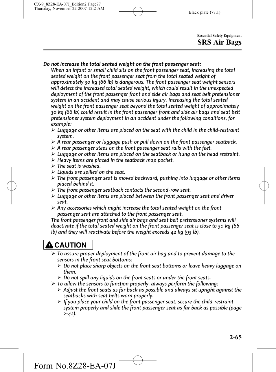 Srs air bags, Caution | Mazda 2008 CX-9 User Manual | Page 77 / 506