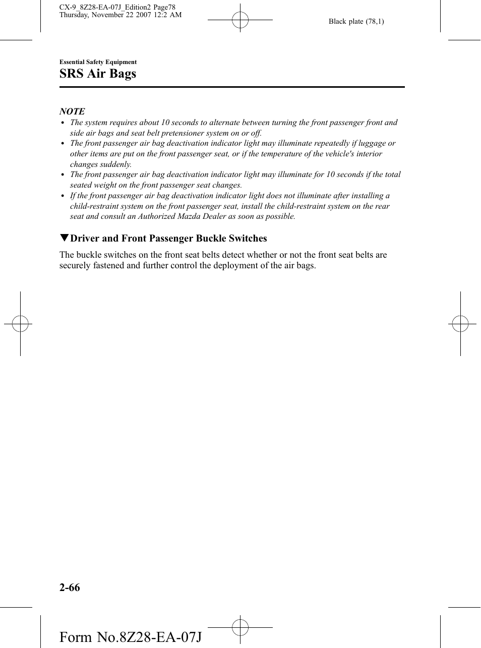 Srs air bags, Qdriver and front passenger buckle switches | Mazda 2008 CX-9 User Manual | Page 78 / 506