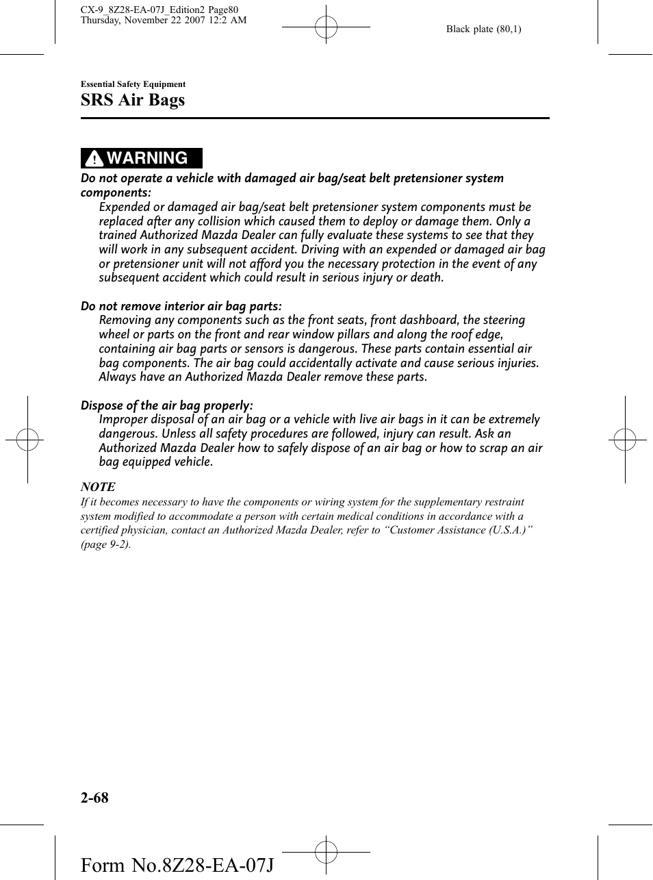 Srs air bags, Warning | Mazda 2008 CX-9 User Manual | Page 80 / 506