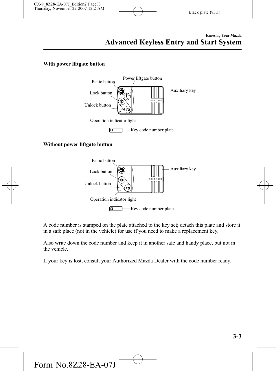Advanced keyless entry and start system | Mazda 2008 CX-9 User Manual | Page 83 / 506