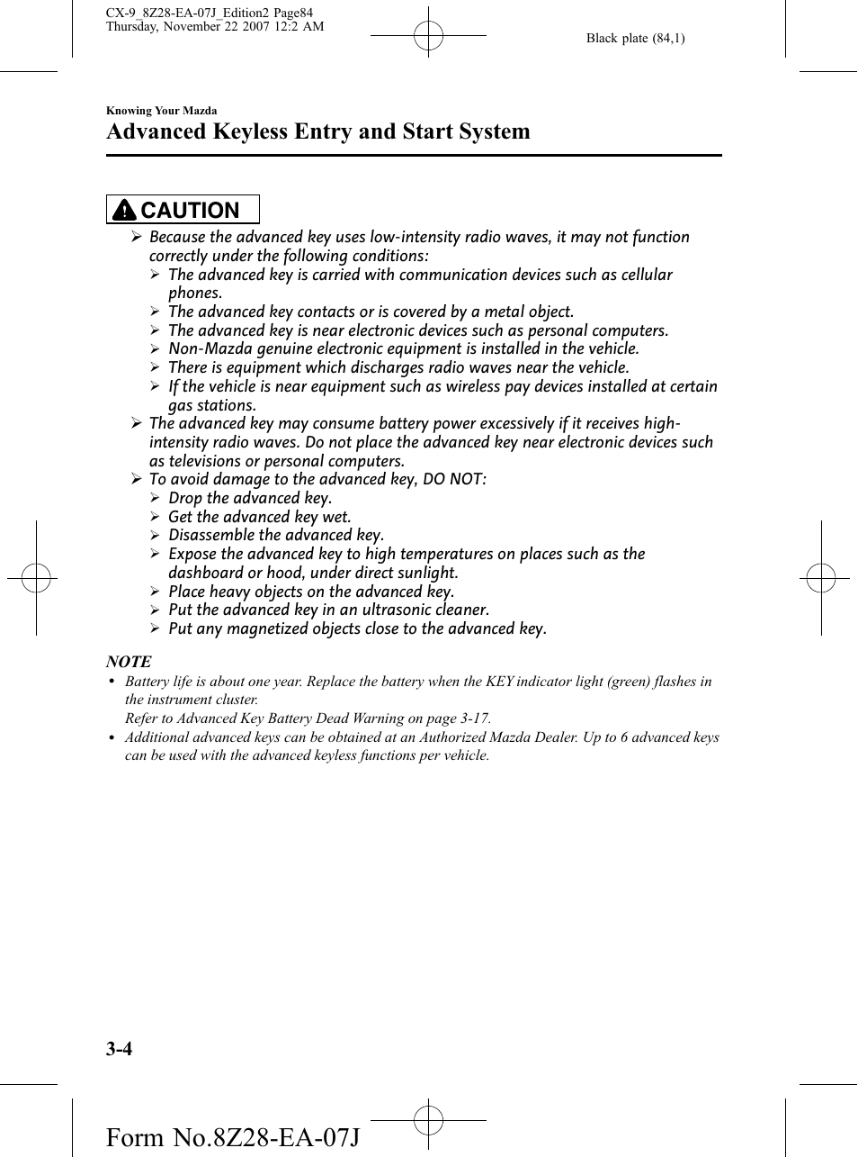 Advanced keyless entry and start system, Caution | Mazda 2008 CX-9 User Manual | Page 84 / 506