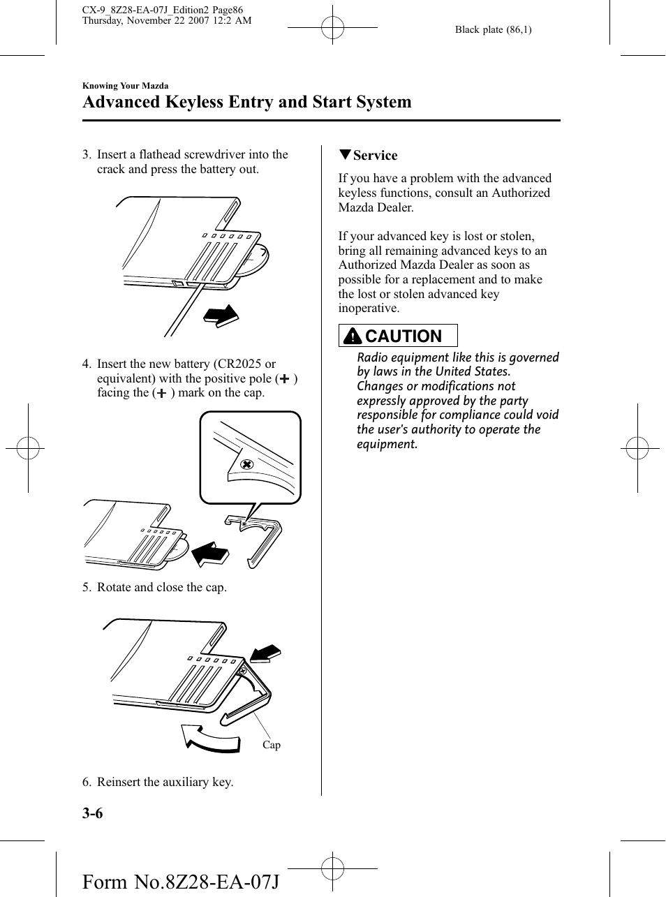 Advanced keyless entry and start system, Caution | Mazda 2008 CX-9 User Manual | Page 86 / 506