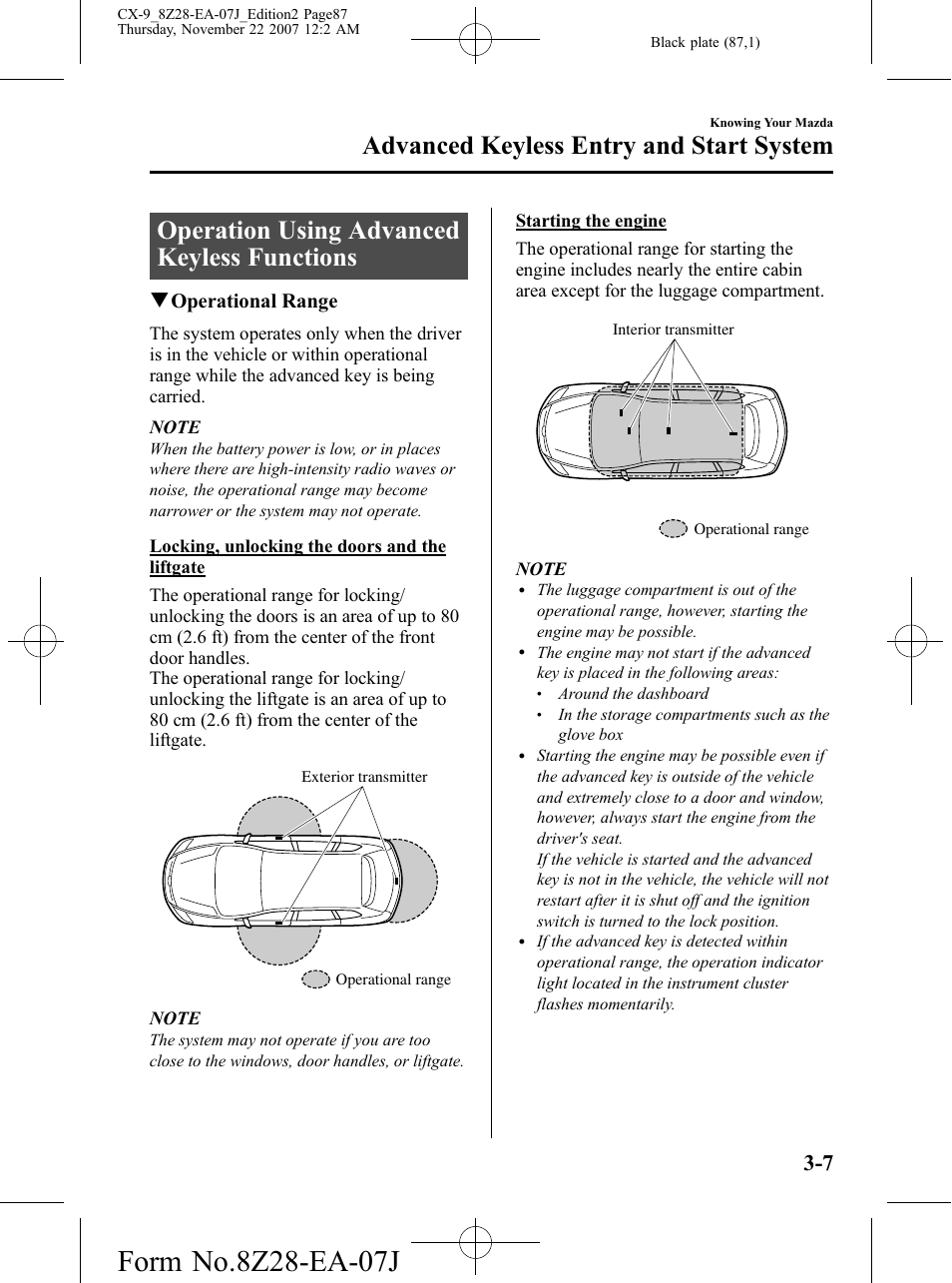 Operation using advanced keyless functions, Operation using advanced keyless functions -7, Advanced keyless entry and start system | Qoperational range | Mazda 2008 CX-9 User Manual | Page 87 / 506