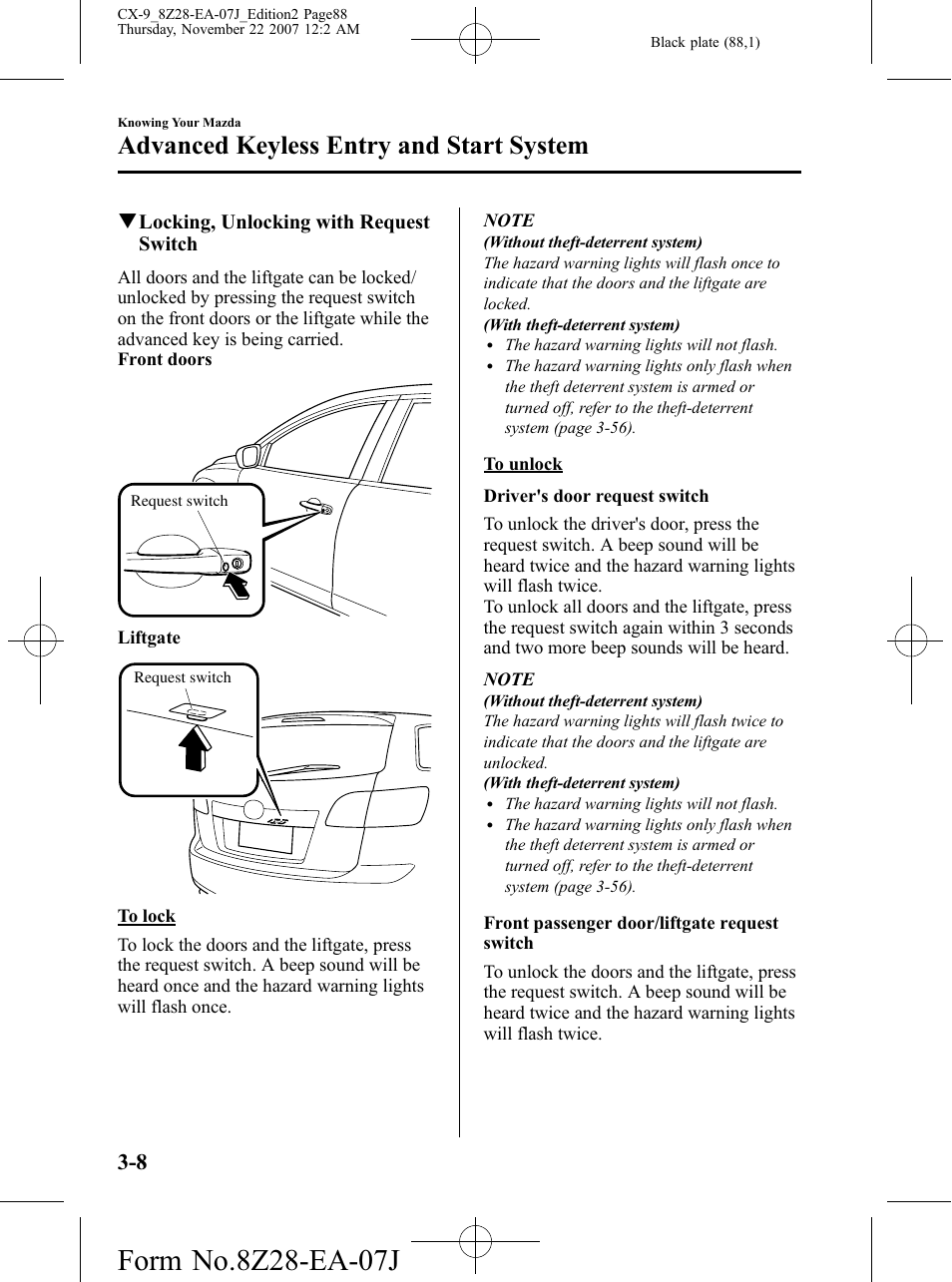 Advanced keyless entry and start system | Mazda 2008 CX-9 User Manual | Page 88 / 506