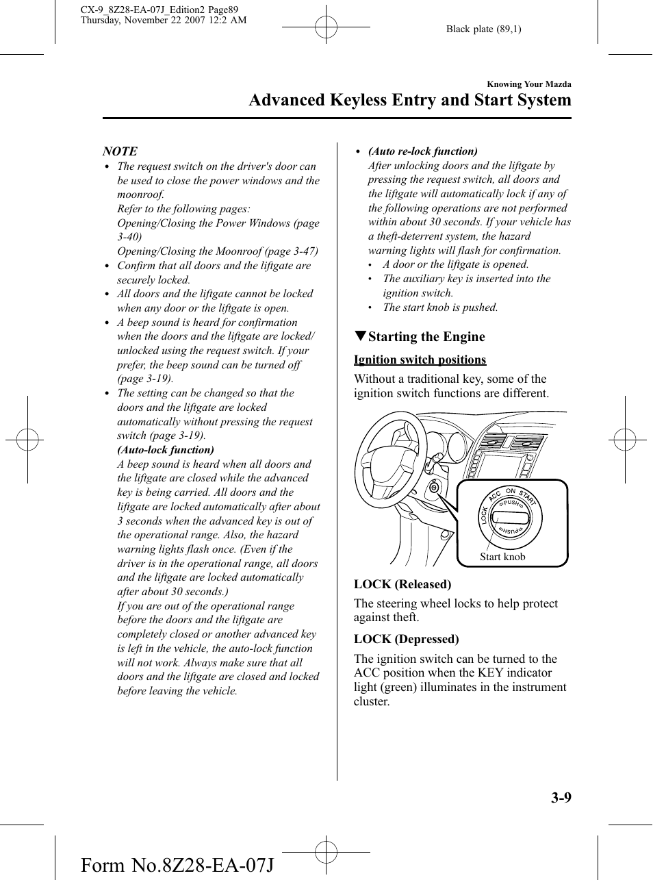Advanced keyless entry and start system, Qstarting the engine | Mazda 2008 CX-9 User Manual | Page 89 / 506