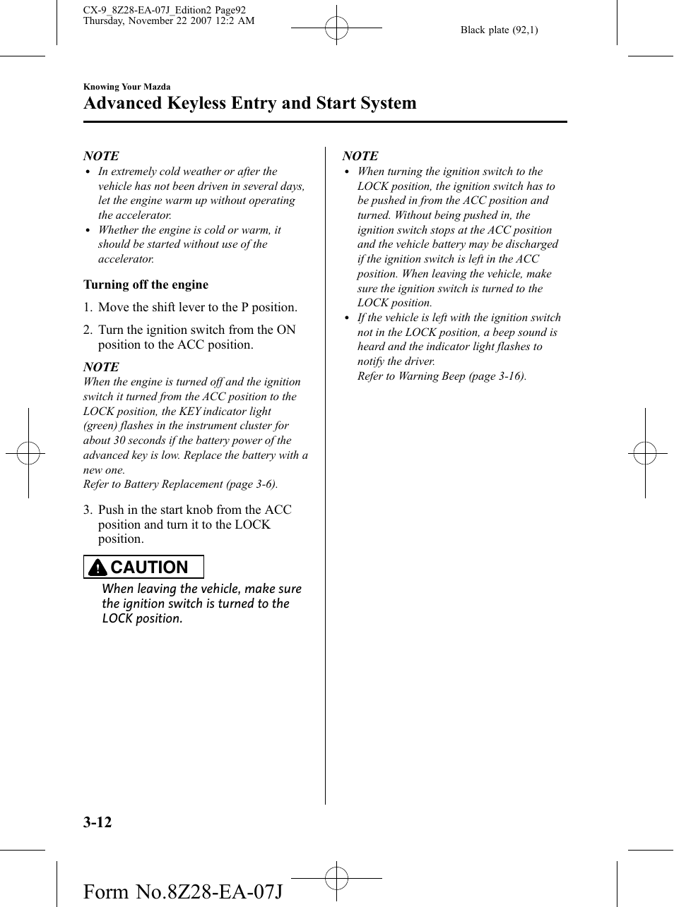Advanced keyless entry and start system, Caution | Mazda 2008 CX-9 User Manual | Page 92 / 506