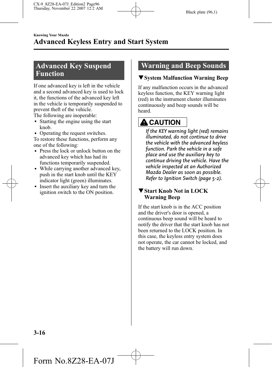 Advanced key suspend function, Warning and beep sounds, Advanced keyless entry and start system | Caution | Mazda 2008 CX-9 User Manual | Page 96 / 506