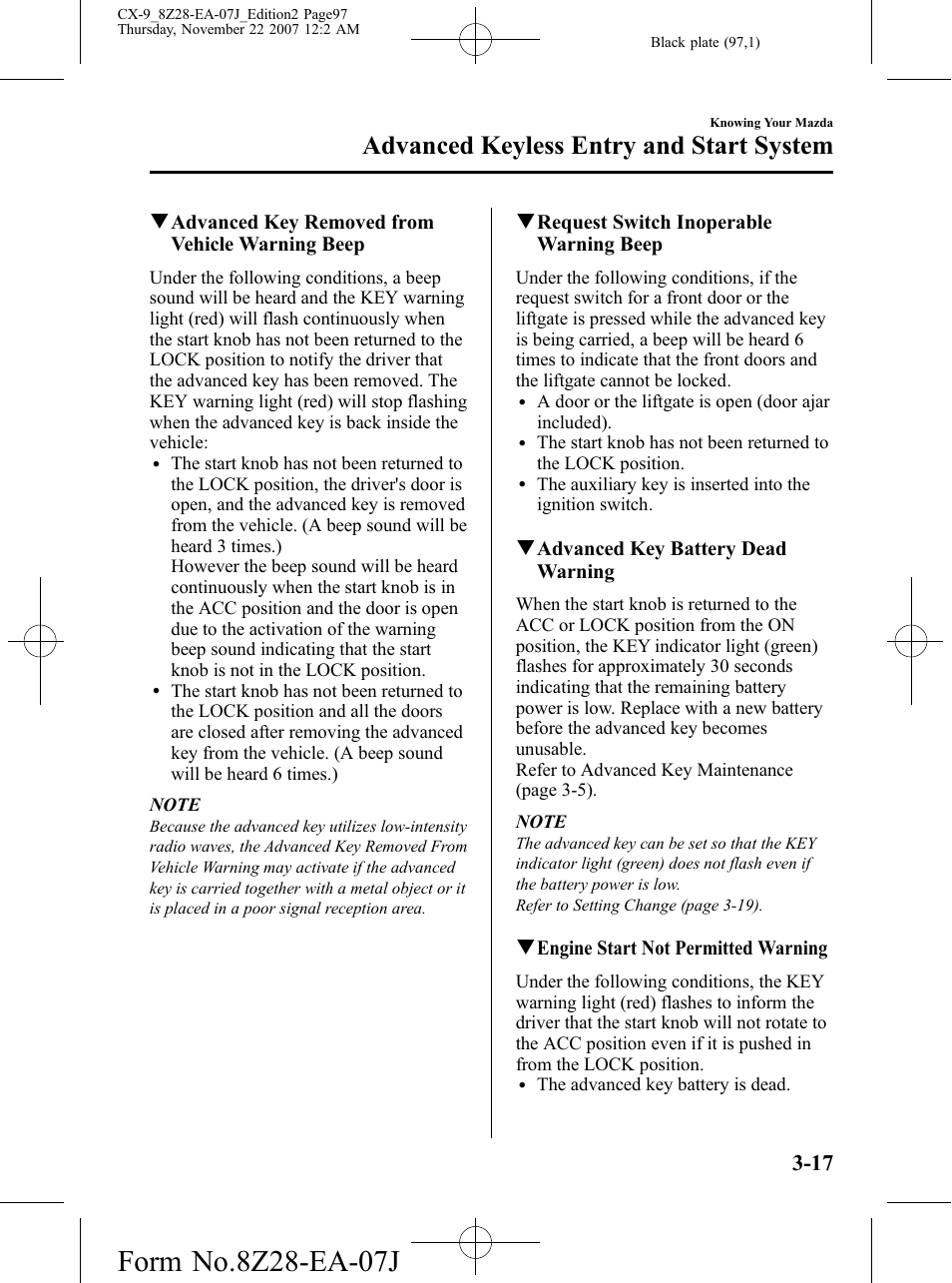 Advanced keyless entry and start system | Mazda 2008 CX-9 User Manual | Page 97 / 506
