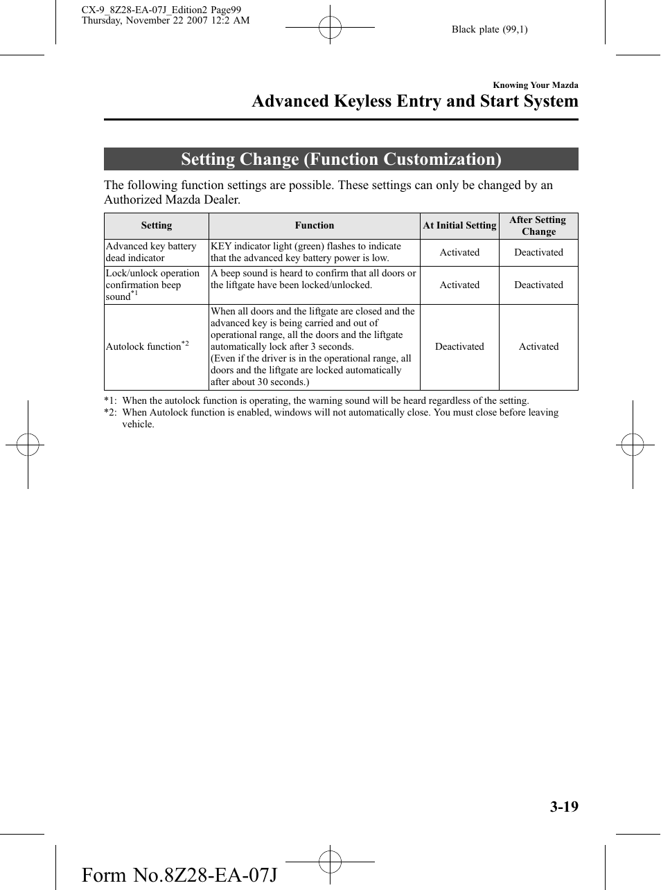 Setting change (function customization), Setting change (function customization) -19, Advanced keyless entry and start system | Mazda 2008 CX-9 User Manual | Page 99 / 506
