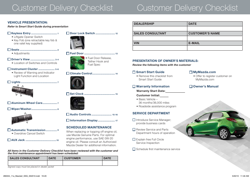 Customer delivery checklist | Mazda 2011 2 User Manual | Page 11 / 12