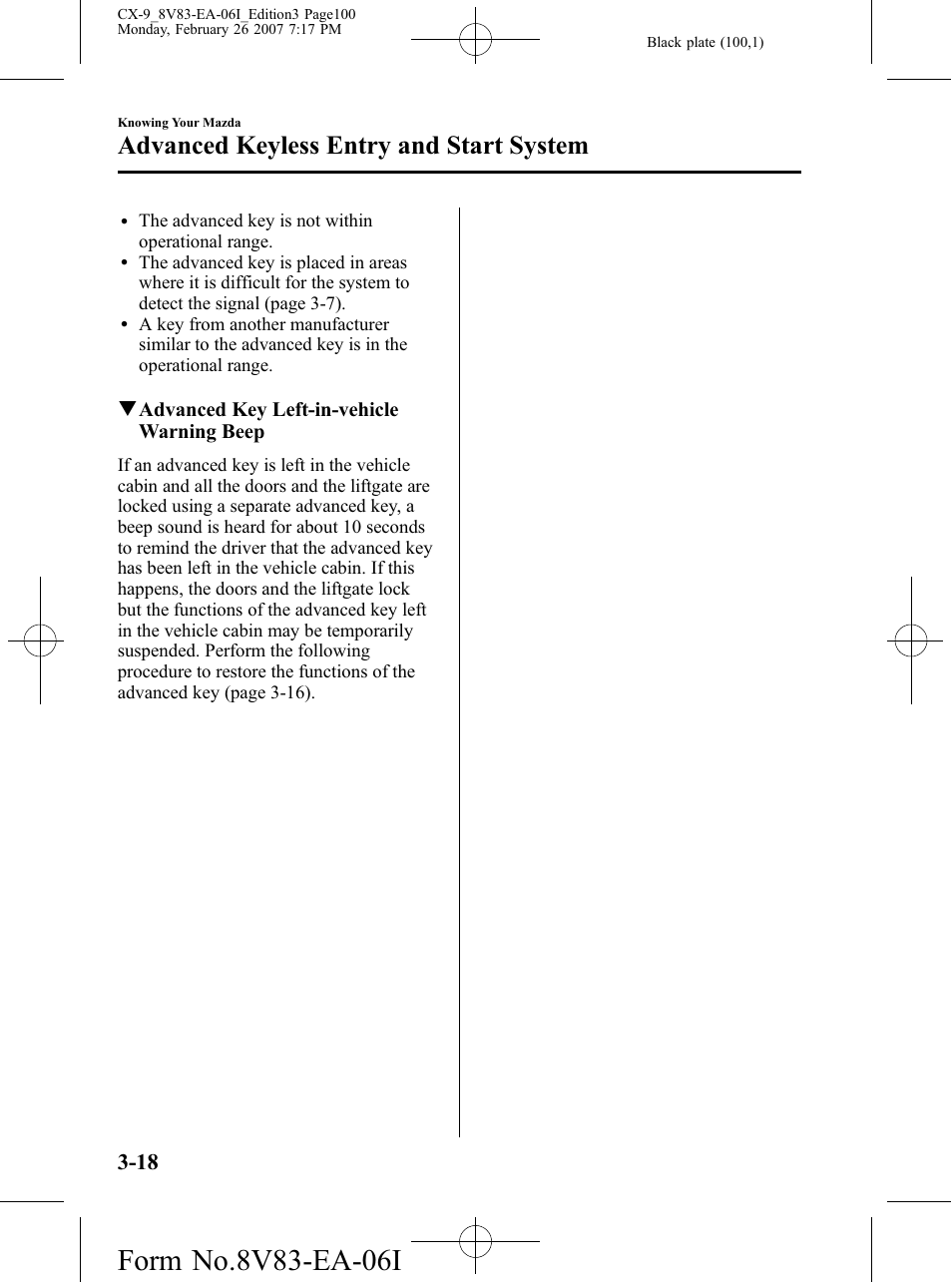 Advanced keyless entry and start system | Mazda 2007 CX-9 User Manual | Page 100 / 502