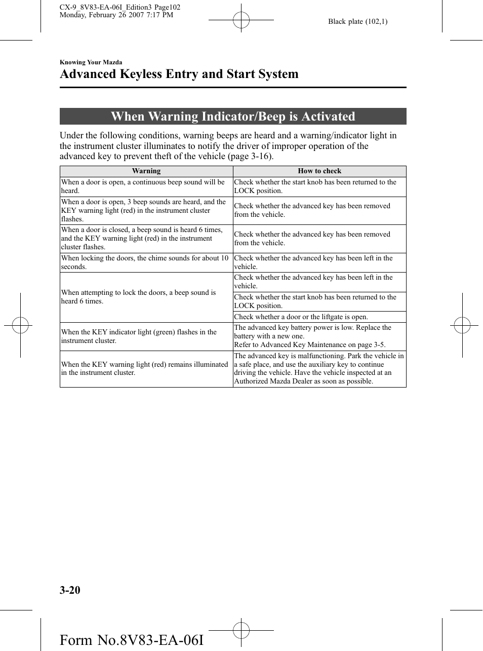 When warning indicator/beep is activated, When warning indicator/beep is activated -20, Advanced keyless entry and start system | Mazda 2007 CX-9 User Manual | Page 102 / 502