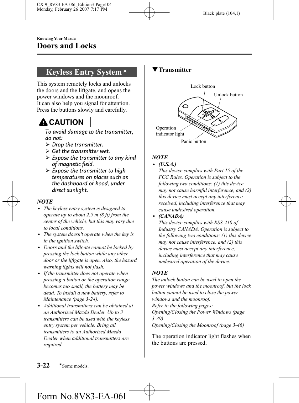 Keyless entry system, Doors and locks, Caution | Qtransmitter | Mazda 2007 CX-9 User Manual | Page 104 / 502
