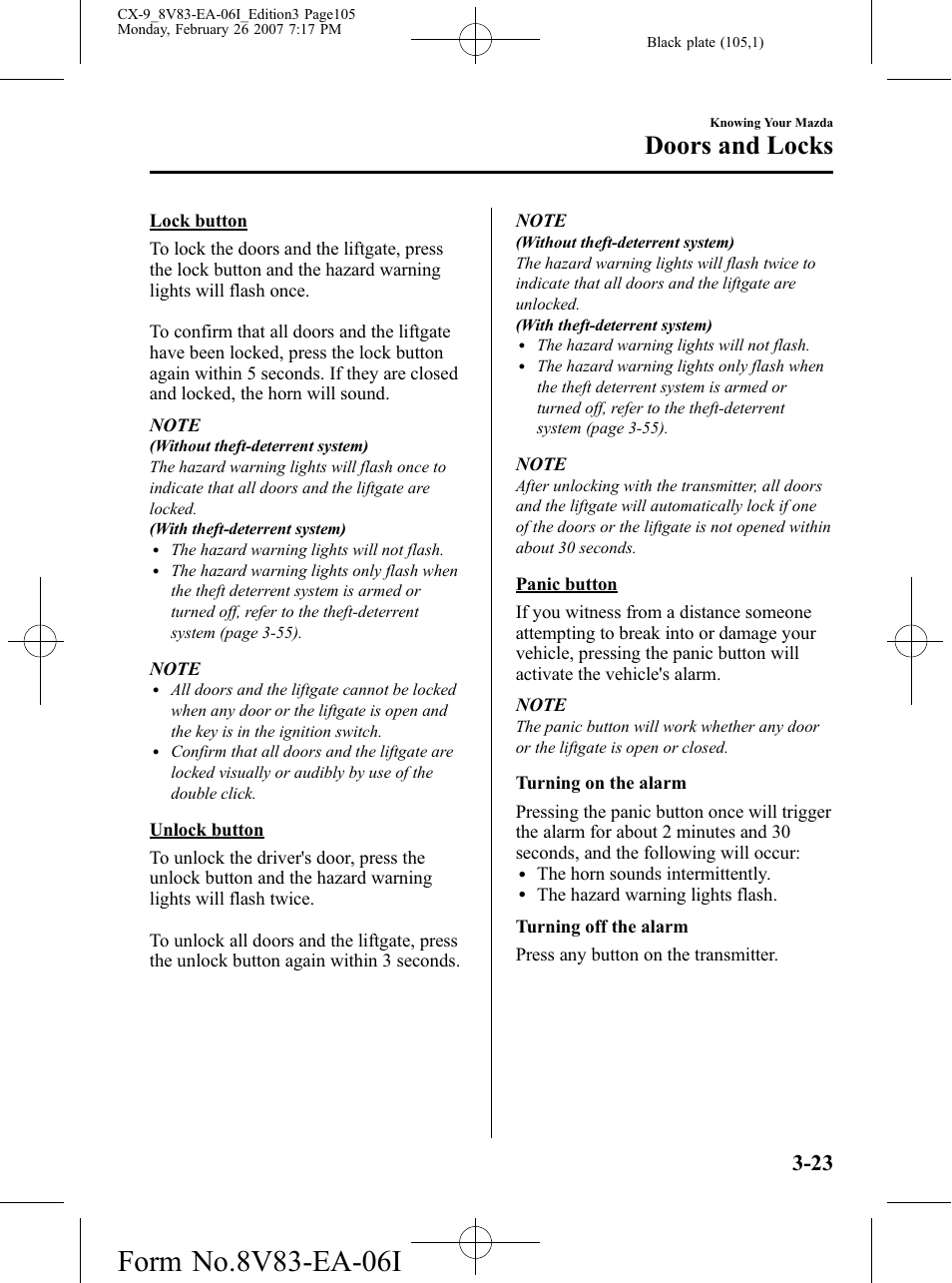 Doors and locks | Mazda 2007 CX-9 User Manual | Page 105 / 502