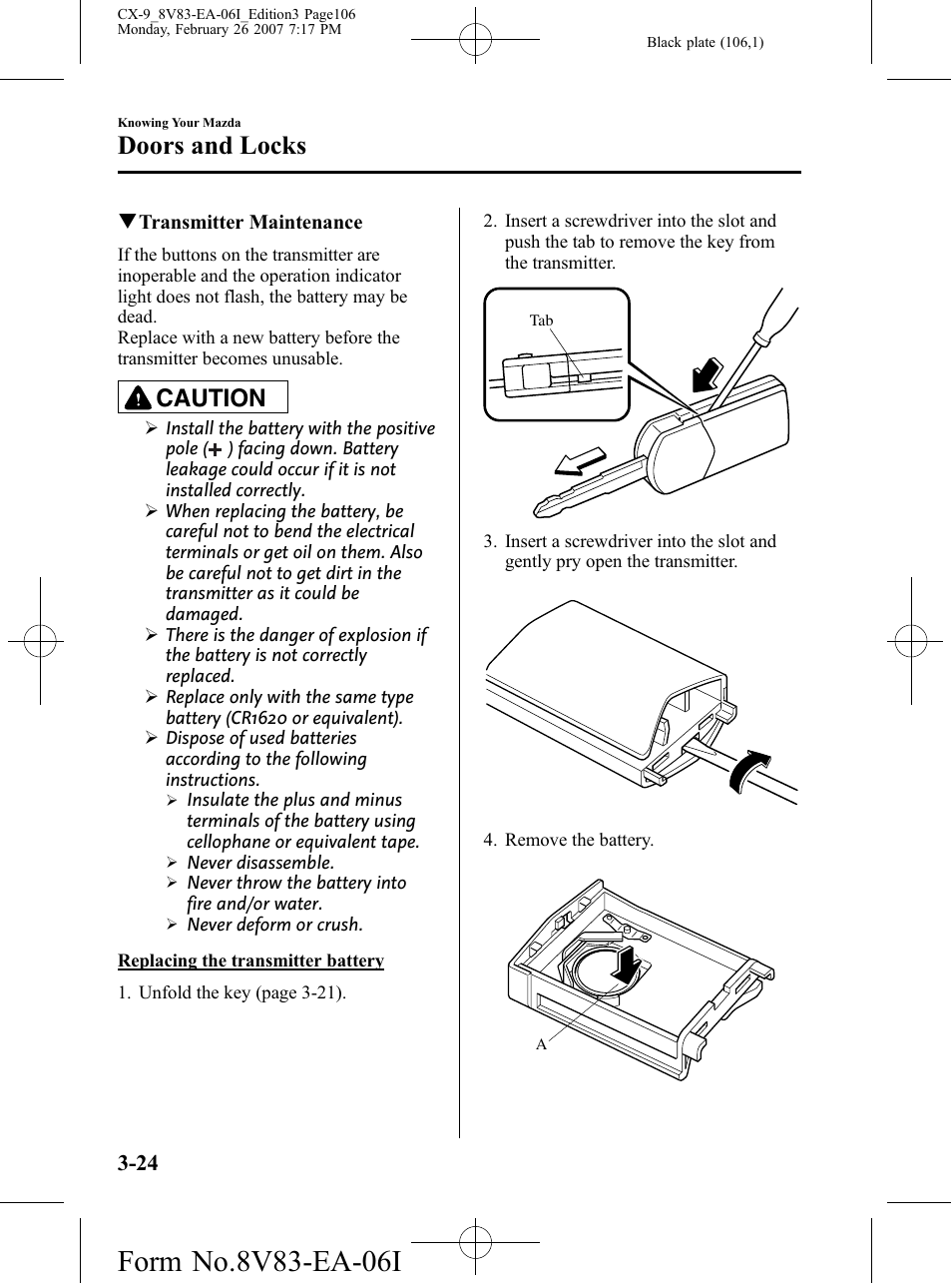 Doors and locks, Caution | Mazda 2007 CX-9 User Manual | Page 106 / 502