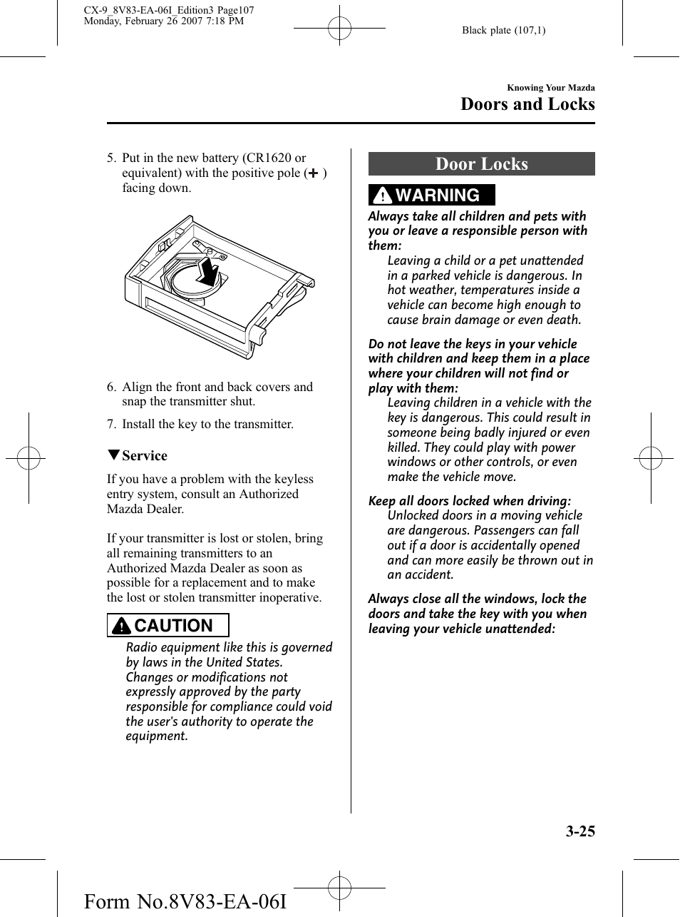 Door locks, Door locks -25, Doors and locks | Caution, Warning | Mazda 2007 CX-9 User Manual | Page 107 / 502