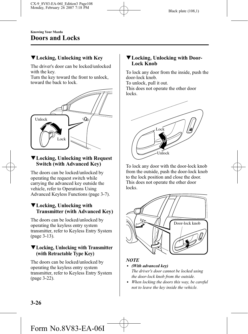 Doors and locks | Mazda 2007 CX-9 User Manual | Page 108 / 502